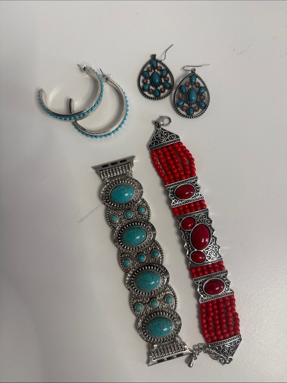 Boho Turquoise and Red Beaded Statement Bracelet Set - Women Jewelry
